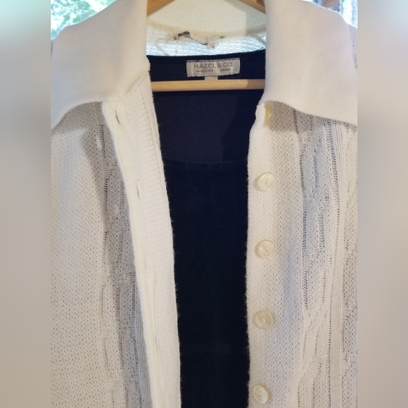 White Shawl Sweater & Black Velvet Long Sleeve Scoop Neck Dress Hazel & Co Small - Picture 10 of 16